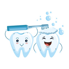 comic teeth couple with toothbrush kawaii