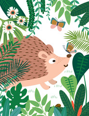 Hedgehog in forest pattern. Vector illustration.