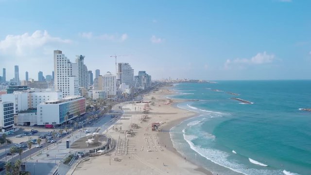 Morning over the beach of Tel Aviv - aerial footage