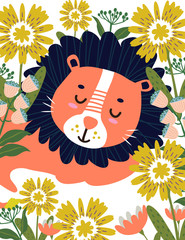 Lion sleeping in jungle. Vector illustration.