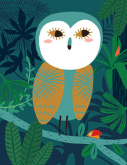 Owl in jungle. Vector illustration.