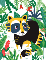 Raccoon and baby raccoon in forest pattern. Vector illustration
