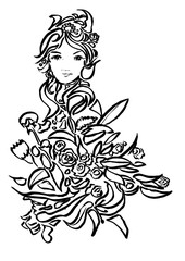 墨絵の女性と花