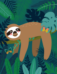 Sloth in jungle pattern. Vector illustration.