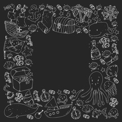 Ocean and sea for children. Pattern for boys. Pirate party. Cute fishes, animals, treasures. Kids vacation pattern, beach toys and elements.