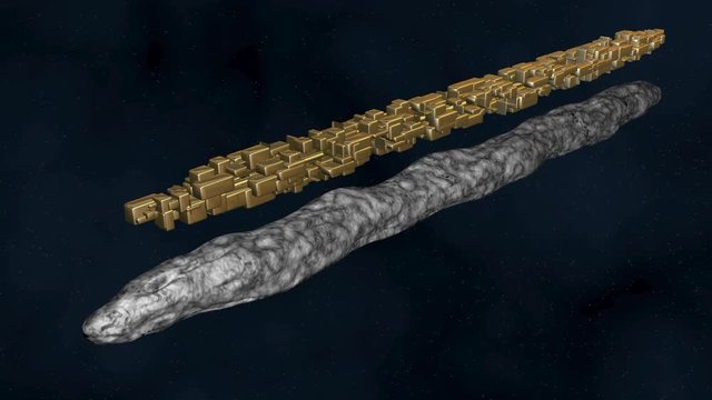 Oumuamua interstellar object, alien probe, asteroid, comet . 3d animation concept reveals what might be inside the elongated space rock