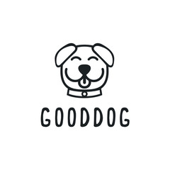 True Dog Friend logo design template. Graphic sitting puppy logotype, sign and symbol. Pet silhouette label illustration isolated on background. Modern animal badge for veterinary clinic, pet food