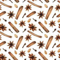 Christmas spices, cinnamon, star anise, cloves, nutmeg, almonds, hazelnuts,watercolor illustrations, handmade,seamless pattern,light background