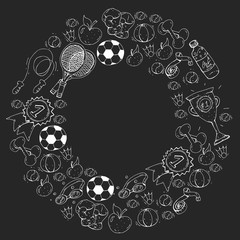 Vector pattern with sport elements. Fitness, games, exercises.