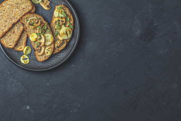Rye sliced bread toast with fried cutting mushroom