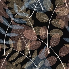 High detail skeleton leaf vector seamless pattern
