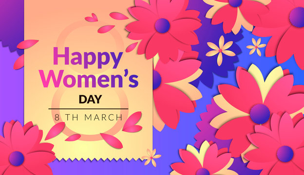 vector image of horizontal flower pattern, happy international women's day, cut paper effect, multiple layers of objects, flower arrangement