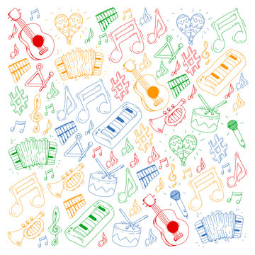 Music background for patterns. Vector illustration with musical instruments.