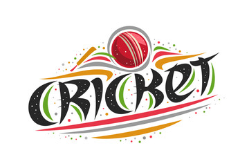 Vector logo for Cricket sport, creative contour illustration of hitting ball in goal, original decorative brush typeface for word cricket, simplistic cartoon sports banner with lines and dots on white