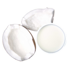 Fototapeta na wymiar Coconut slice piece glass of coconut milk on white background isolation, top view