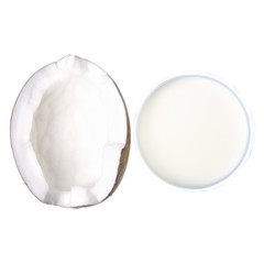 Coconut slice piece glass of coconut milk on white background isolation, top view