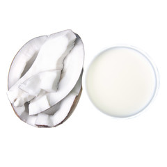 Coconut slice piece glass of coconut milk on white background isolation, top view
