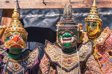 Traditional handicraft puppets for sale  in the ancient pagoda in Bagan, Myanmar