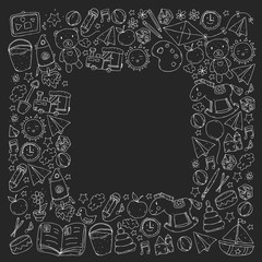Kindergarten with toys. Pattern for children. Little preschool kids education. Drawing, learning, play