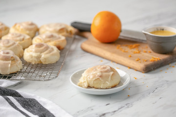 Freshly Baked Homemade Orange Rolls on Kitchen Counter