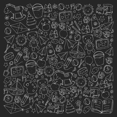 Kindergarten with toys. Pattern for children. Little preschool kids education. Drawing, learning, play