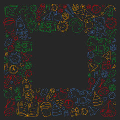 Kindergarten with toys. Pattern for children. Little preschool kids education. Drawing, learning, play