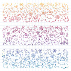 Princess birthday party for little girls. Kindergarten, school children picture. Illustration for children with castle, fairy, dress, crown.