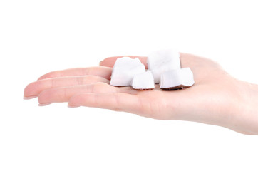 A pieces of coconut in hand on a white background. Isolation