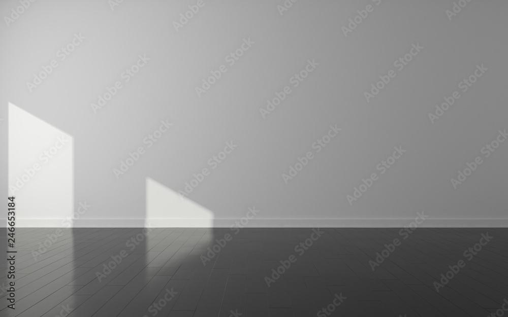 Poster 3D stimulate of white empty room and dark laminate floor with sun light cast shadow on the wall,Perspective of minimal design architecture