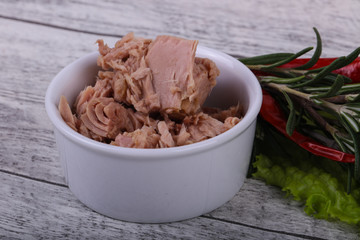 Tasty canned tuna fish in the bowl