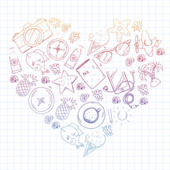 Travel vector pattern. Adventure, beach, tropical design.