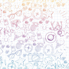 Travel vector pattern. Adventure, beach, tropical design.