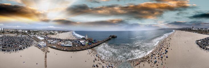 Santa Monica from the sky, aerial panoramic view of California coastline