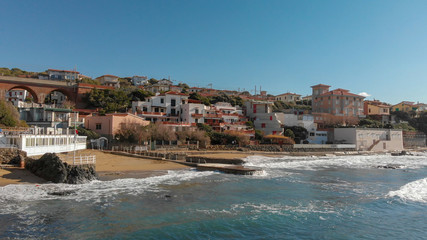 Coastline of Castiglioncello, Tuscany from the sky, Italy