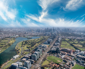 Obraz premium Aerial view of Melbourne skyline from helicopter on a beautiful sunny day, Australia