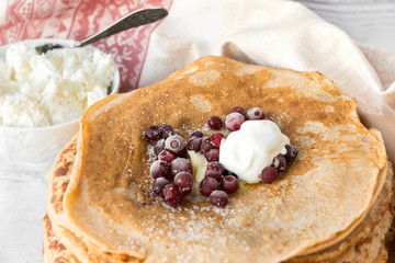 pancakes with sour cream, cranberries, cottage cheese, food,  Russian cuisine