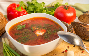 plate with borscht, spoon, greens, hot soup, food, bread, vegetables