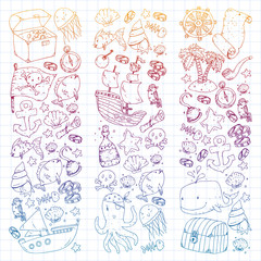 Ocean and sea for children. Cartoon illustration with water creatures. Cute fishes, animals, treasures. Kids vacation pattern, beach toys and elements.