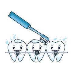 comic teeth with brush and orthodontics characters