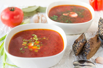  borsch, red soup, hot first course, bread, tomato, food