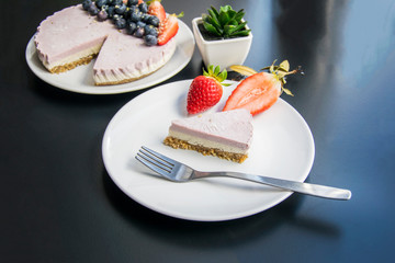 Vegan, raw carrot cake. Healthy food. Grey stone background Top view Copy space. Selective focus
