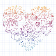 Ocean and sea for children. Cartoon illustration with water creatures. Cute fishes, animals, treasures. Kids vacation pattern, beach toys and elements.