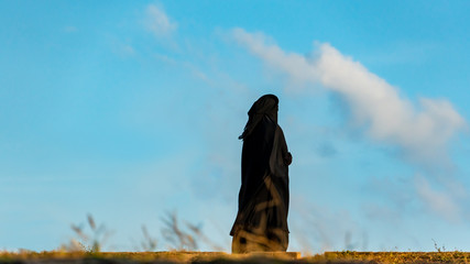 Back Of A Young Muslim Woman On Blue Sky Background