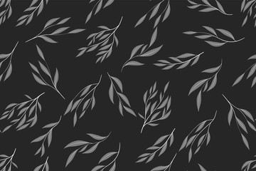 Obraz premium Eucalyptus Vector. Monochrome Seamless Pattern with Vector Leaves, Branches and Floral Element. Elegant Background for Rustic Wedding Design, Fabric, Textile, Dress. Eucalyptus Vector in Vintage Style