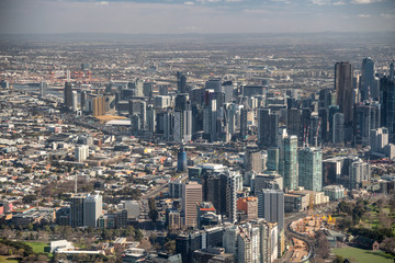 MELBOURNE - SEPTEMBER 8, 2018: Aerial city view from helicopter. Melbourne attracts 15 million people annually