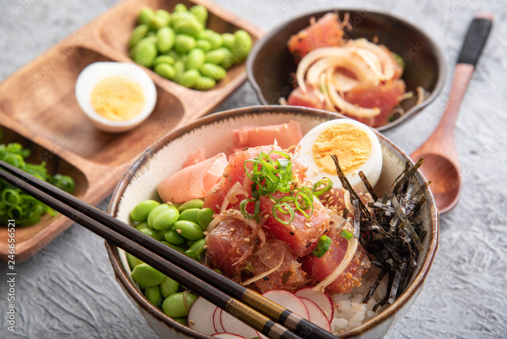 Poster ahi poke bowl with edamame