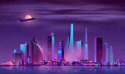 Modern metropolis night landscape with illuminated vintage and futuristic architecture buildings in city business center, luxury cottages or villas on quay, airliner flying in sky neon cartoon vector