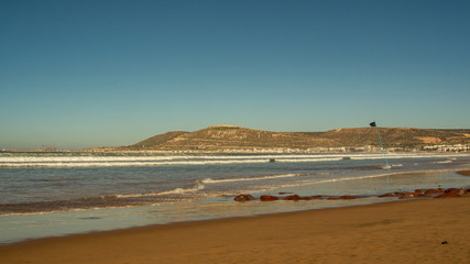 Morocco Agadir December 10th 2018 - Main Beach Panoramic view of beach and surround hill side and ocean from southern end