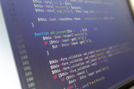 Modern web development background. Abstract pieces of PHP code of sale system.