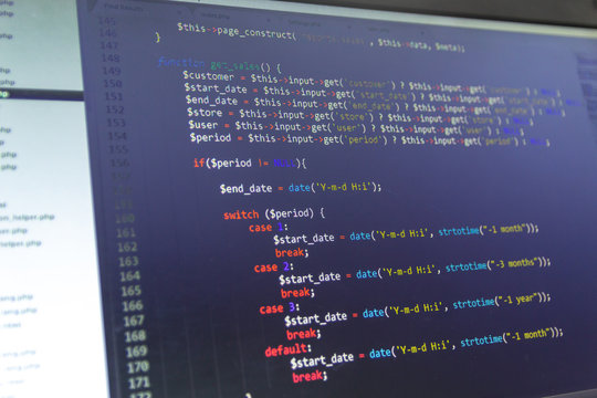 Modern web development background. Abstract pieces of PHP code of sale system.
